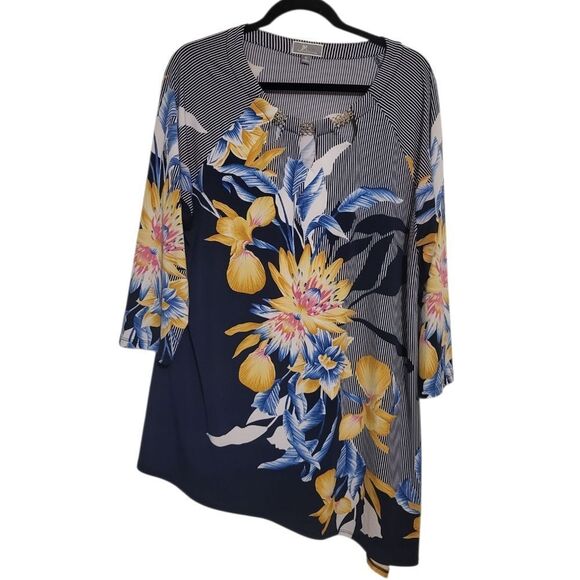 JM Collection Bold Floral Black Blue Asymmetrical Hem Tunic Blouse,  XL - Picture 1 of 9